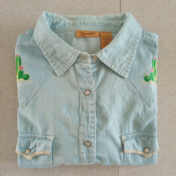 Vintage Wrangler Cactus Embroidered front and back pearl snap denim shirt XL - Picture 9 of 10